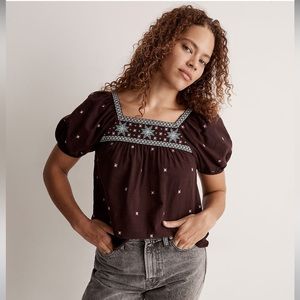 NWT MADEWELL Embroidered Crinkle Cotton Bubble-Sleeve Top - Medium - Brown